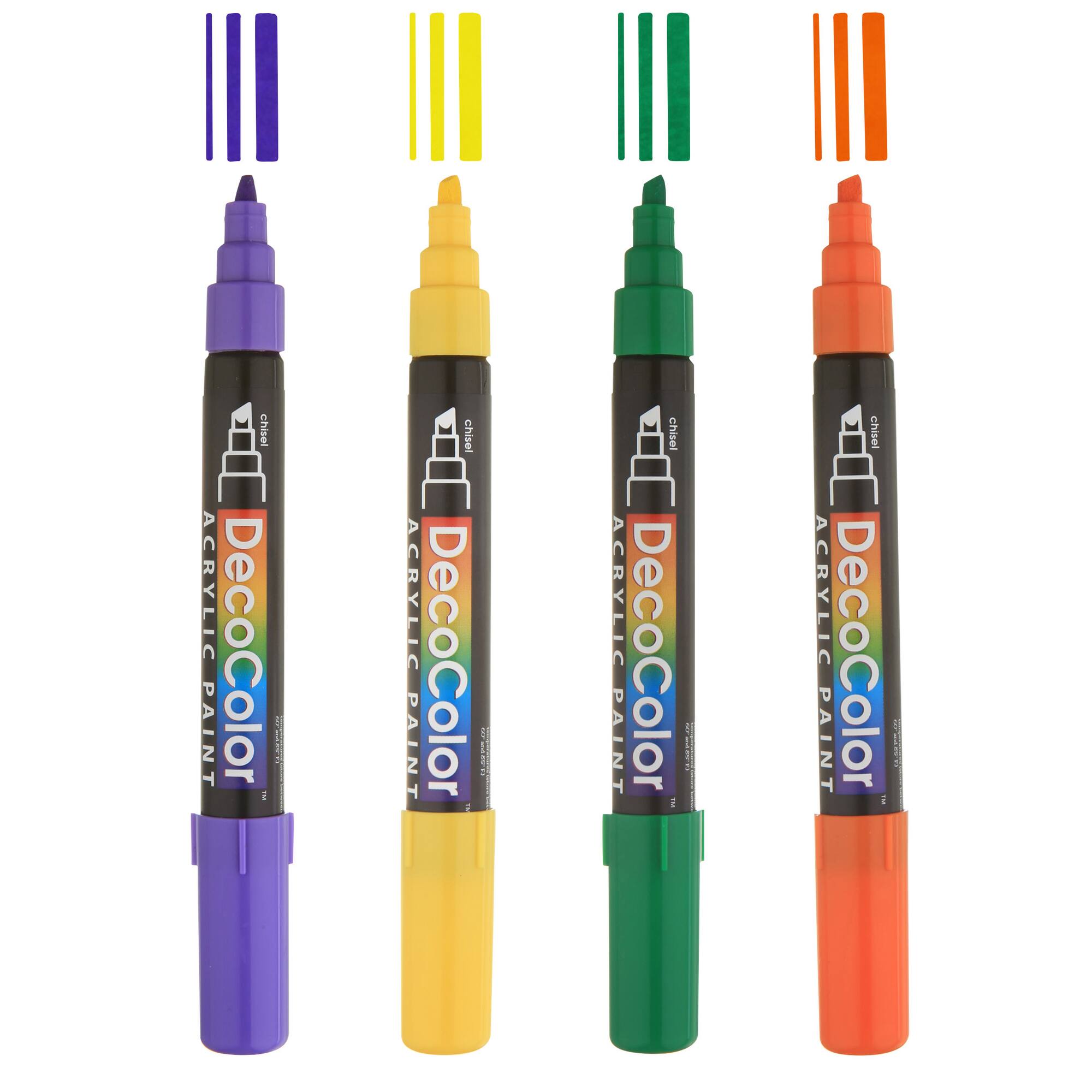 DecoColor® Violet, Yellow, Green, & Orange Chisel Tip Acrylic Paint Marker Set